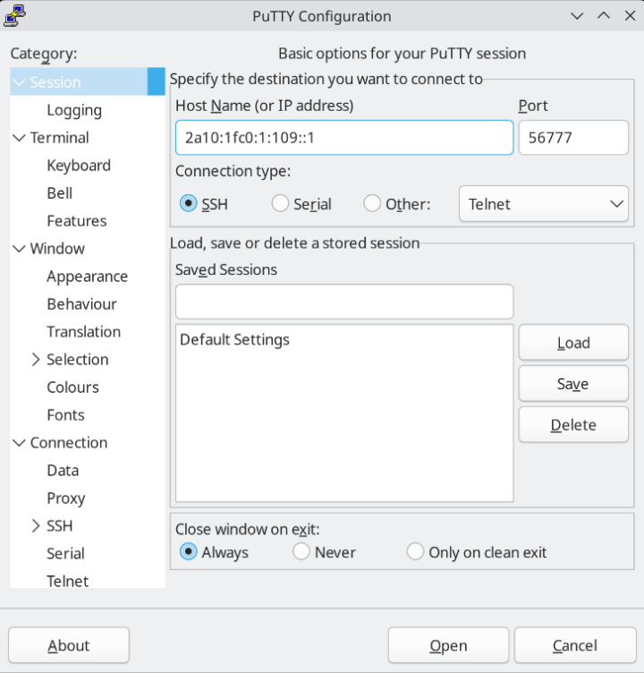 Connection type: SSH